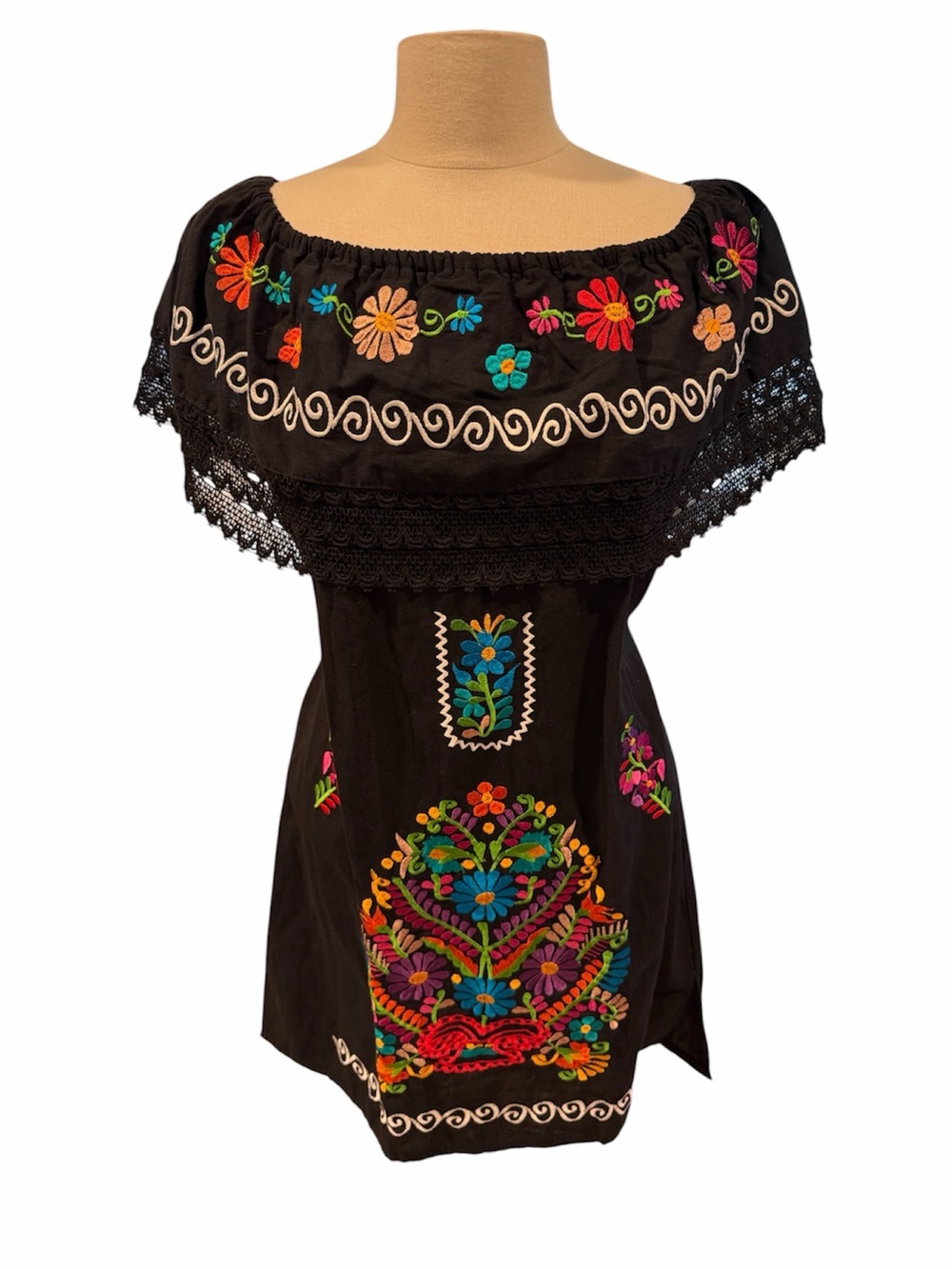 Embroidered Off-Shoulder Dress - Black with Multicolor Floral